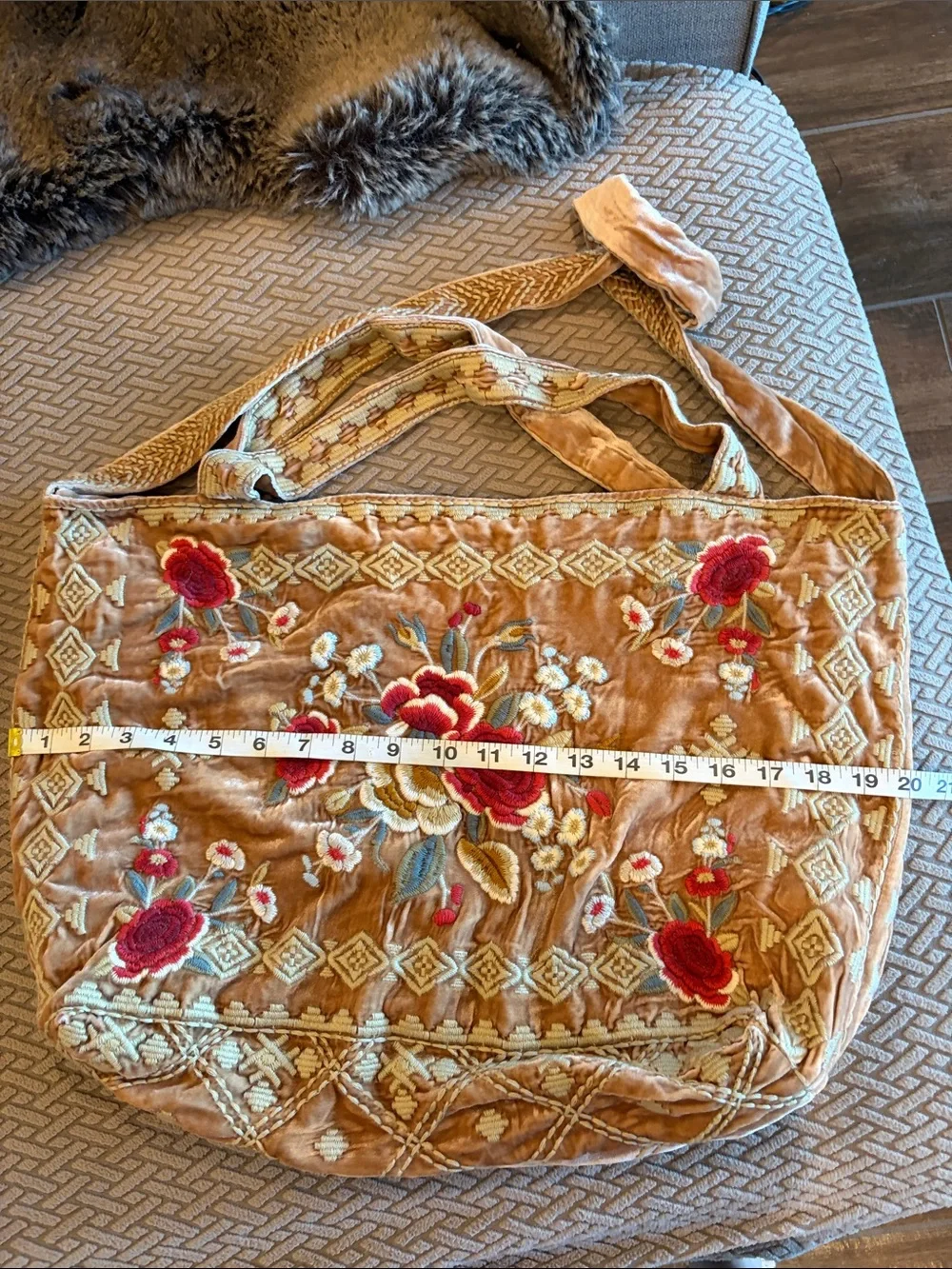 Johnny Was Tan Velvet Tote with Red Floral Embroidery